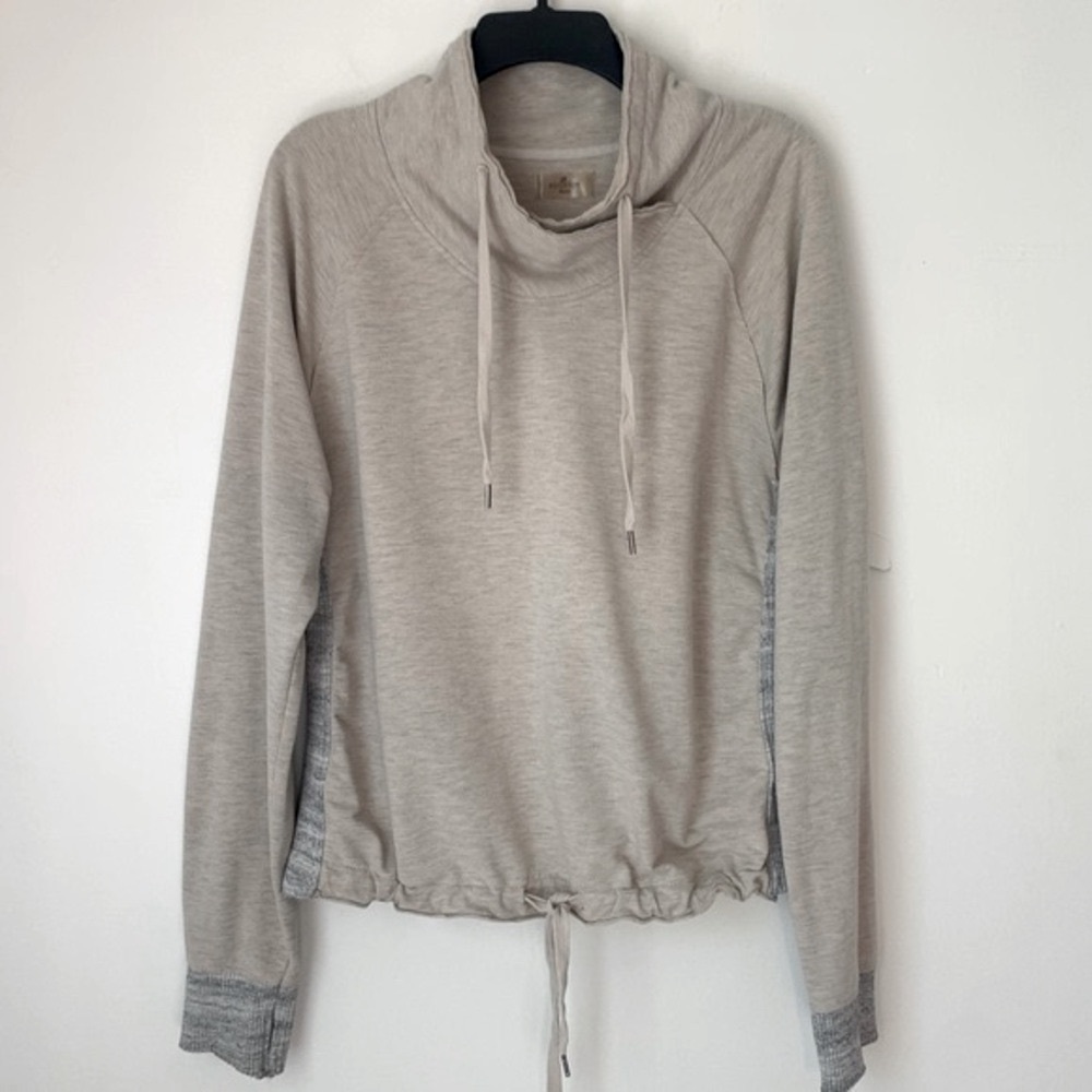 Sundays Drawstring Cowl Neck Taupe Pullover Large Casual Raw Seams
